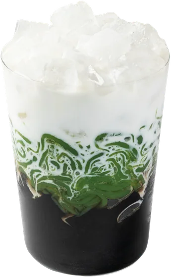 Pandan Grass Jelly: dark grass jelly on the bottom, green pandan jelly strands and coconut cream, topped with crushed ice