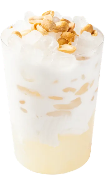 Smashed Coconut: iced coconut milk dessert with strips of young coconut over a pale yellow layer, topped with crushed ice and roasted peanuts