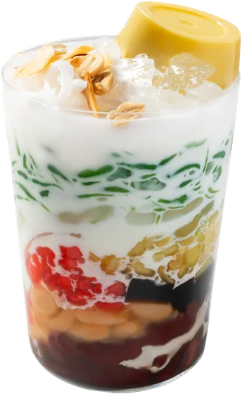 Cocochè Special: layered iced chè with red beans, pale beans, red jelly bits and green pandan jelly in coconut cream, topped with crushed ice, roasted peanuts and a golden cube