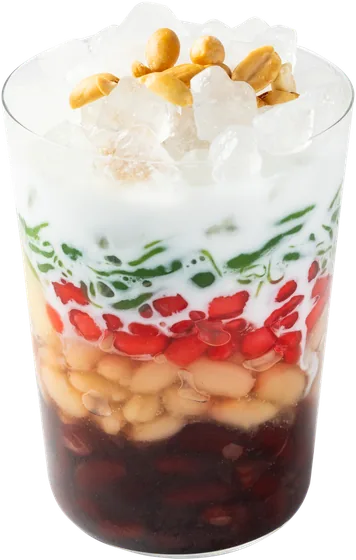Three Colors: iced chè with red beans, pale beans, red jelly bits and green pandan jelly under coconut cream, topped with crushed ice and roasted peanuts